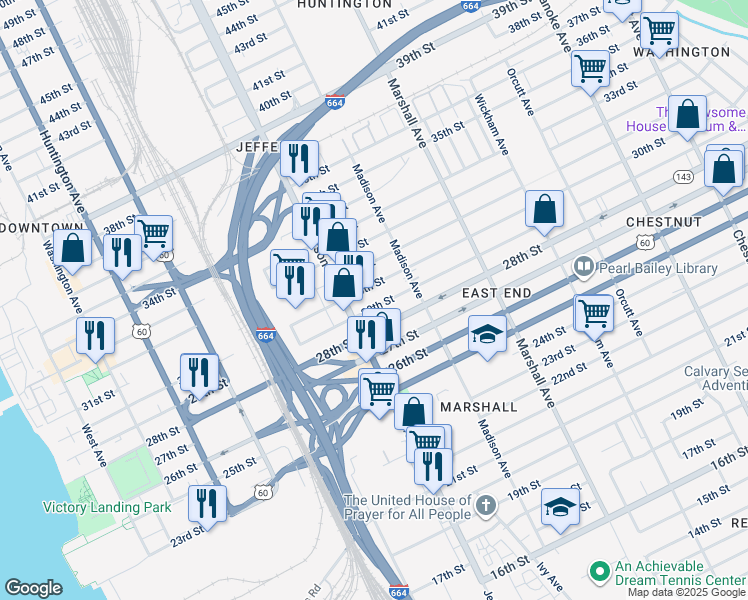 map of restaurants, bars, coffee shops, grocery stores, and more near 625 29th Street in Newport News