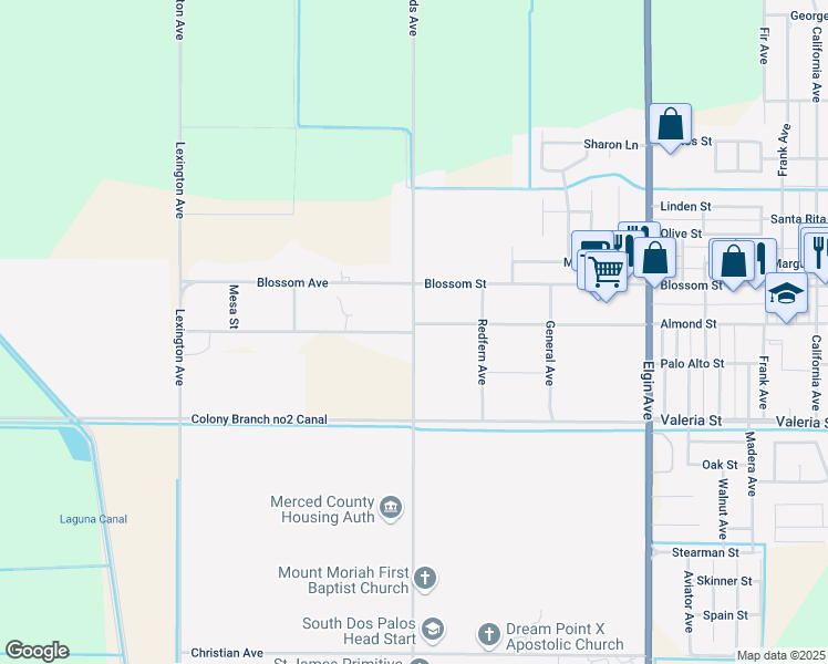 map of restaurants, bars, coffee shops, grocery stores, and more near West Almond Street in Dos Palos