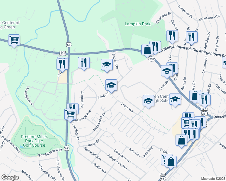 map of restaurants, bars, coffee shops, grocery stores, and more near 400-410 Loop Dr in Bowling Green