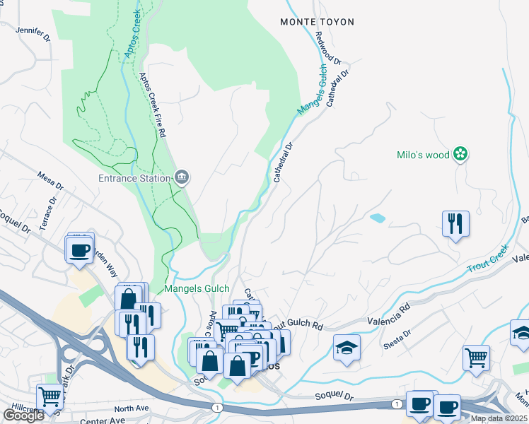 map of restaurants, bars, coffee shops, grocery stores, and more near 636 Cathedral Drive in Aptos