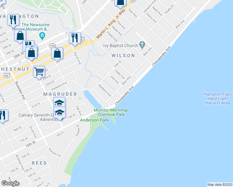 map of restaurants, bars, coffee shops, grocery stores, and more near 19 Beechwood Avenue in Newport News