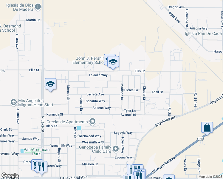 map of restaurants, bars, coffee shops, grocery stores, and more near 1588 Michoacan Court in Madera