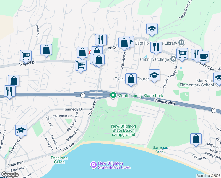 map of restaurants, bars, coffee shops, grocery stores, and more near 2603 Willowbrook Lane in Aptos
