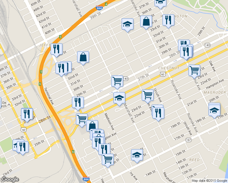 map of restaurants, bars, coffee shops, grocery stores, and more near 756 27th Street in Newport News