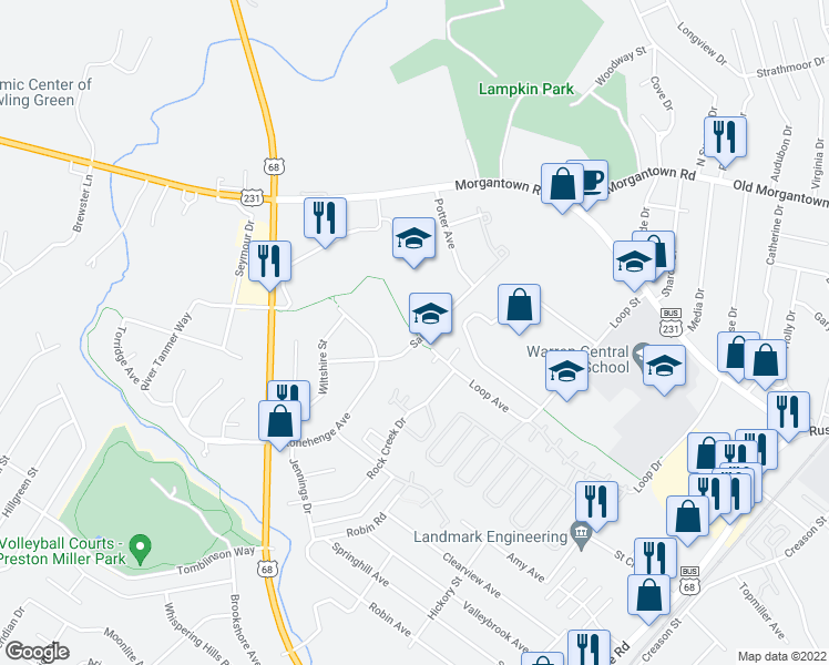 map of restaurants, bars, coffee shops, grocery stores, and more near Greenway in Bowling Green