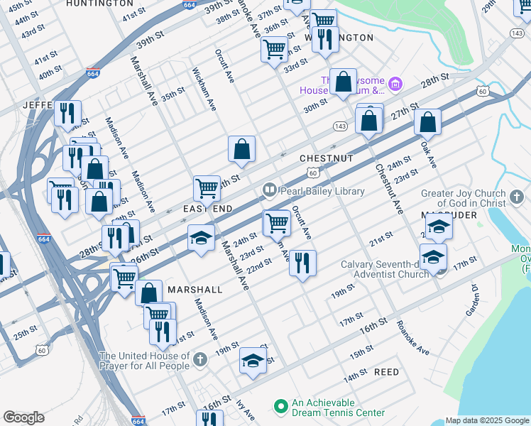map of restaurants, bars, coffee shops, grocery stores, and more near Martin L. King, Jr. Way in Newport News