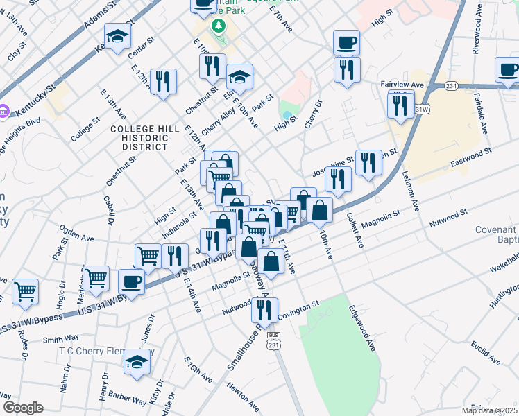 map of restaurants, bars, coffee shops, grocery stores, and more near 1138 Kenton Street in Bowling Green
