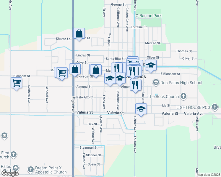 map of restaurants, bars, coffee shops, grocery stores, and more near 2149 Almond Street in Dos Palos