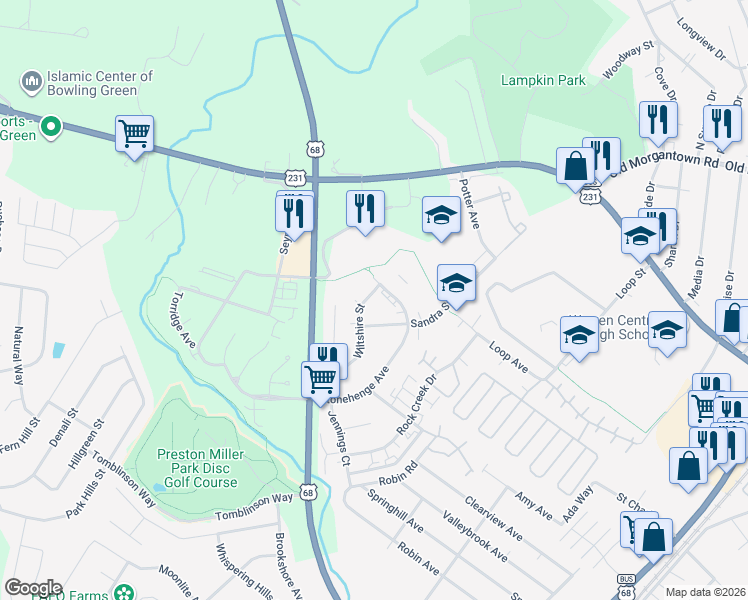 map of restaurants, bars, coffee shops, grocery stores, and more near 2059 Salisbury Drive in Bowling Green