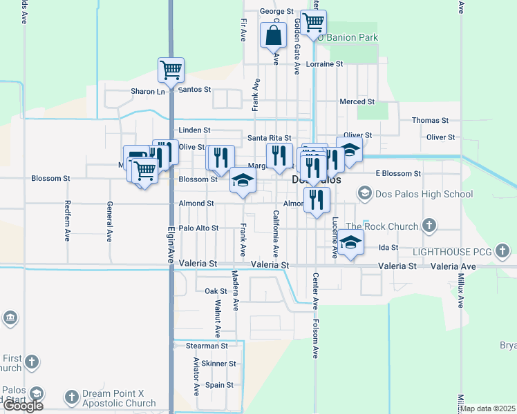 map of restaurants, bars, coffee shops, grocery stores, and more near 2149 Almond Street in Dos Palos