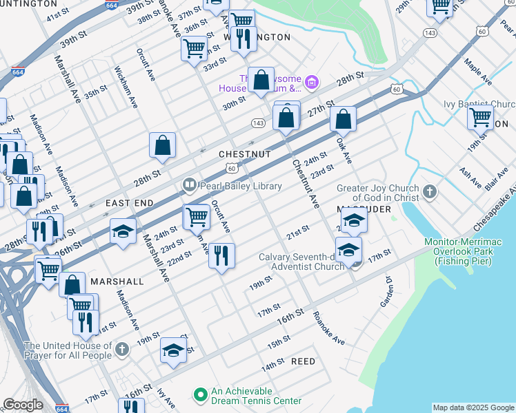 map of restaurants, bars, coffee shops, grocery stores, and more near 2215 Roanoke Avenue in Newport News