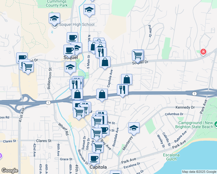 map of restaurants, bars, coffee shops, grocery stores, and more near Capitola Avenue & Wilder Drive in Soquel