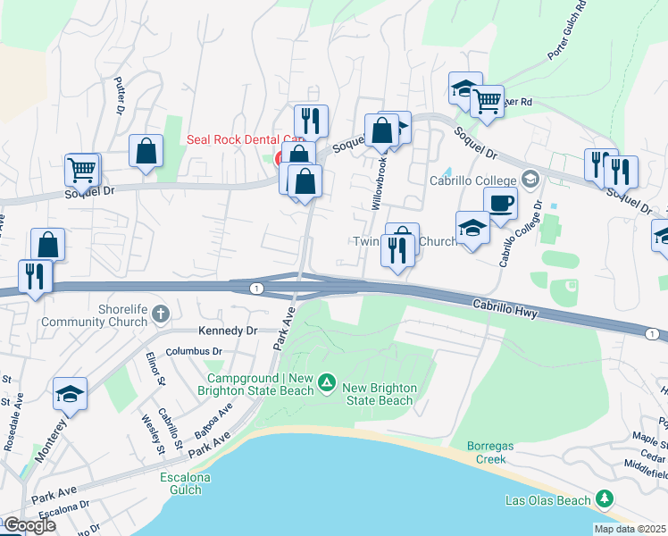 map of restaurants, bars, coffee shops, grocery stores, and more near 2603 Willowbrook Lane in Aptos