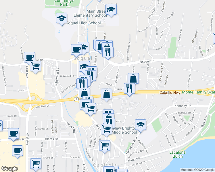 map of restaurants, bars, coffee shops, grocery stores, and more near 5070 Wilder Drive in Soquel