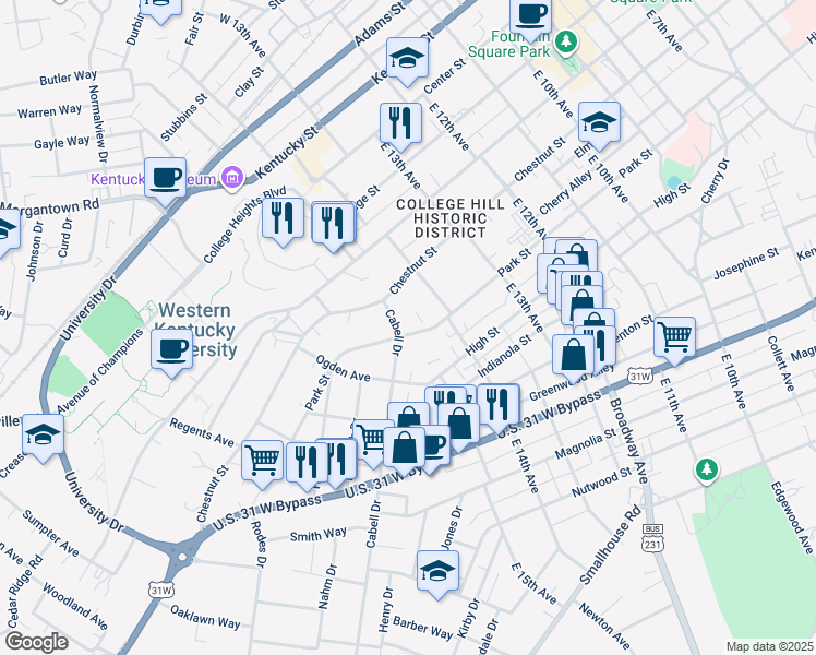 map of restaurants, bars, coffee shops, grocery stores, and more near 702 Cabell Drive in Bowling Green