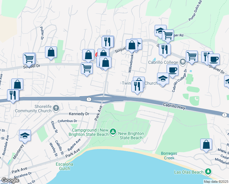 map of restaurants, bars, coffee shops, grocery stores, and more near 2603 Willowbrook Lane in Aptos