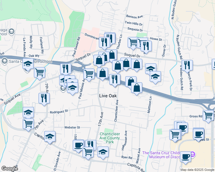 map of restaurants, bars, coffee shops, grocery stores, and more near in Live Oak