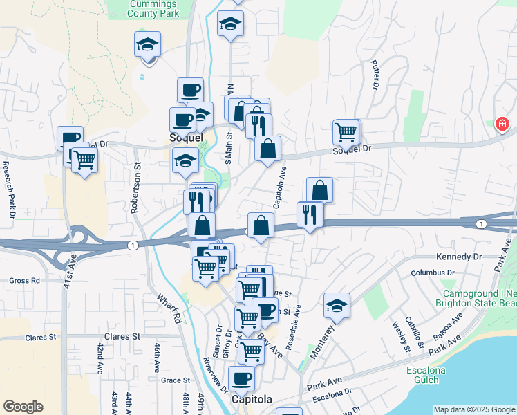 map of restaurants, bars, coffee shops, grocery stores, and more near 5019 Wilder Drive in Soquel