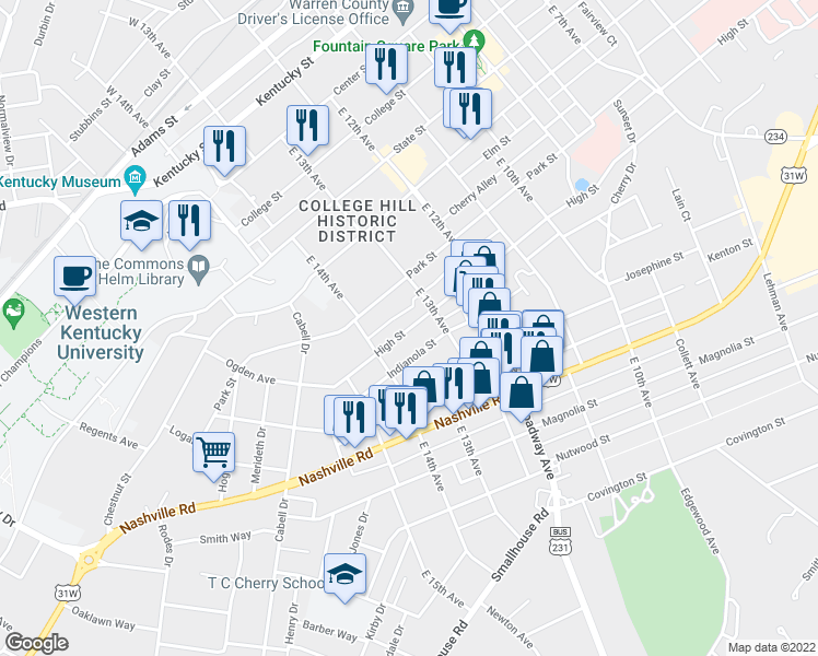 map of restaurants, bars, coffee shops, grocery stores, and more near High Street in Bowling Green