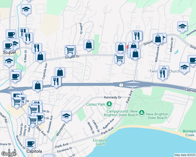 map of restaurants, bars, coffee shops, grocery stores, and more near 2613 Monterey Avenue in Soquel
