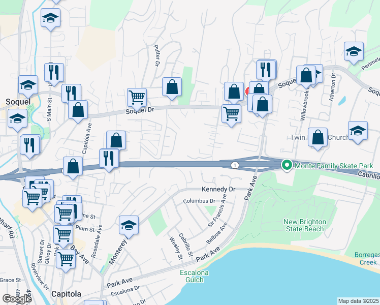 map of restaurants, bars, coffee shops, grocery stores, and more near 2603 Monterey Avenue in Soquel