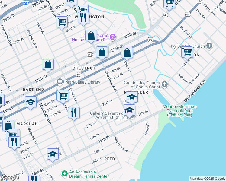 map of restaurants, bars, coffee shops, grocery stores, and more near 2205 Chestnut Avenue in Newport News