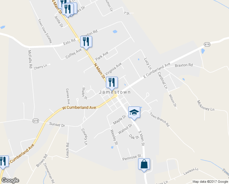 map of restaurants, bars, coffee shops, grocery stores, and more near in Jamestown