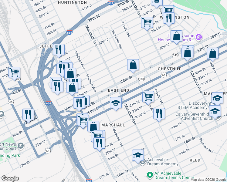 map of restaurants, bars, coffee shops, grocery stores, and more near 757 28th Street in Newport News