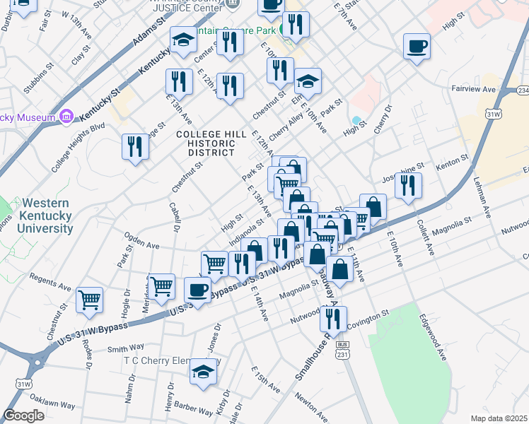 map of restaurants, bars, coffee shops, grocery stores, and more near 1224 High Street in Bowling Green