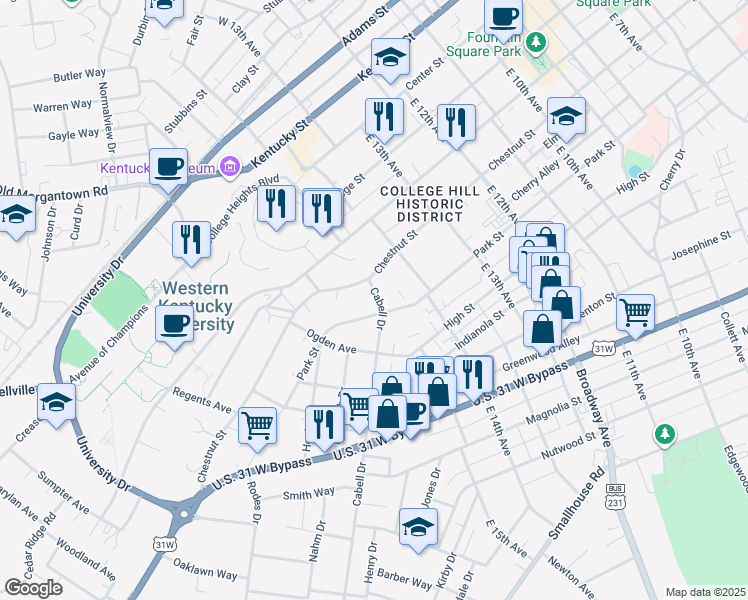 map of restaurants, bars, coffee shops, grocery stores, and more near 1436 Chestnut Street in Bowling Green