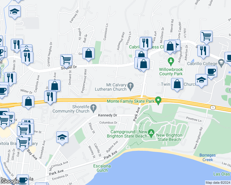 map of restaurants, bars, coffee shops, grocery stores, and more near 2600 Monterey Avenue in Soquel