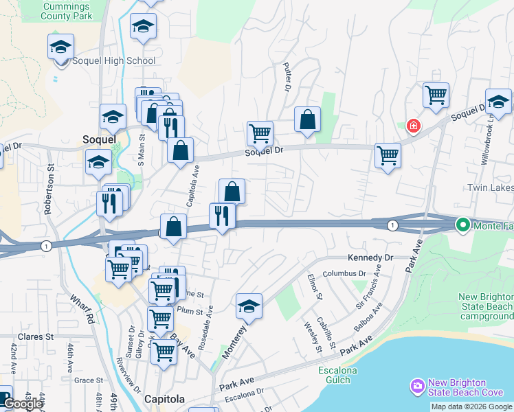 map of restaurants, bars, coffee shops, grocery stores, and more near 2529 Orchard Street in Soquel