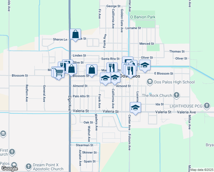 map of restaurants, bars, coffee shops, grocery stores, and more near 2149 Almond Street in Dos Palos