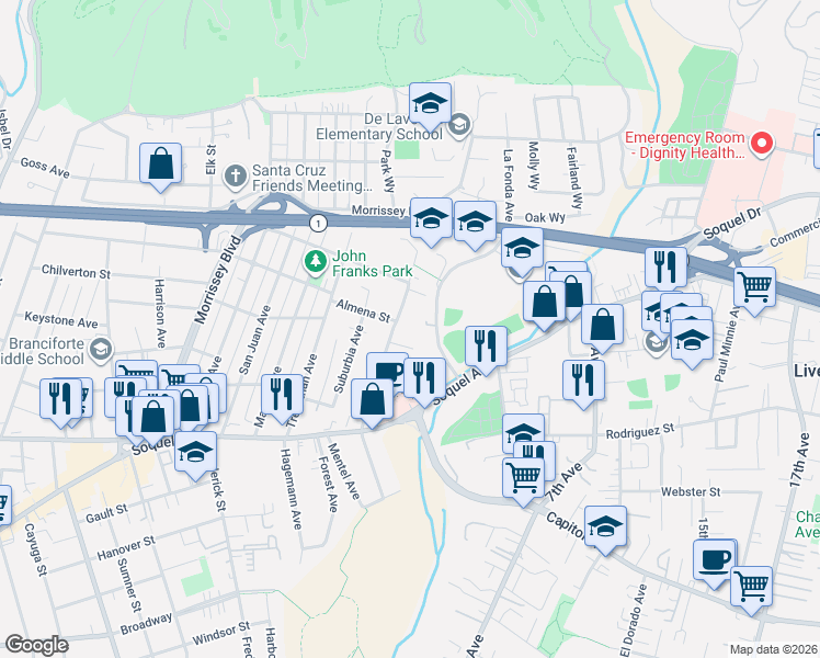 map of restaurants, bars, coffee shops, grocery stores, and more near 426 Park Way in Santa Cruz