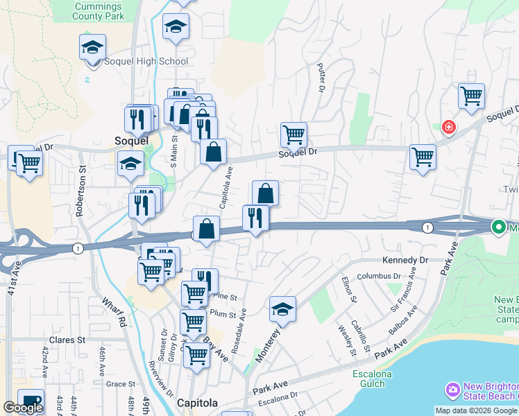 map of restaurants, bars, coffee shops, grocery stores, and more near 2700 Gary Drive in Soquel