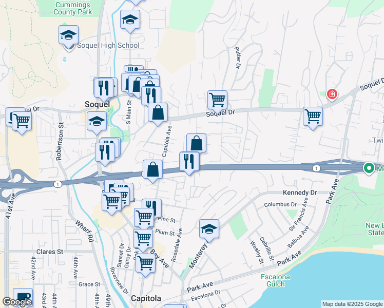 map of restaurants, bars, coffee shops, grocery stores, and more near 2605 Rosedale Avenue in Soquel