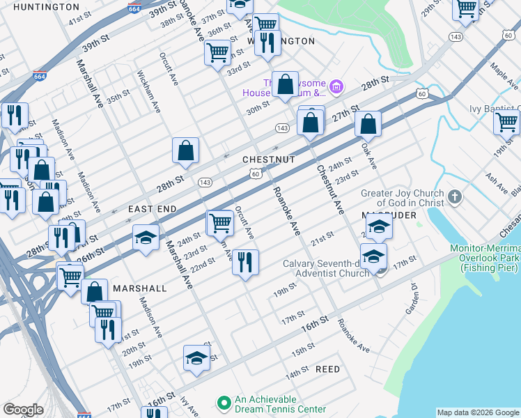 map of restaurants, bars, coffee shops, grocery stores, and more near 1030 25th Street in Newport News
