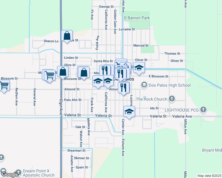 map of restaurants, bars, coffee shops, grocery stores, and more near 2017 Blossom Street in Dos Palos