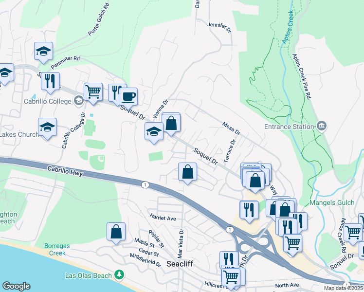 map of restaurants, bars, coffee shops, grocery stores, and more near 3001 Lomita Court in Aptos