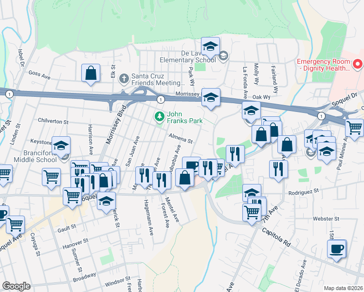 map of restaurants, bars, coffee shops, grocery stores, and more near 215 Almena Street in Santa Cruz