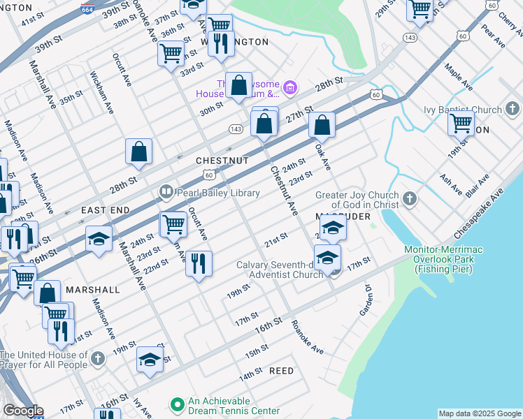 map of restaurants, bars, coffee shops, grocery stores, and more near 1129 23rd Street in Newport News