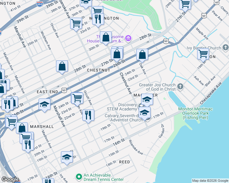 map of restaurants, bars, coffee shops, grocery stores, and more near 1129 23rd Street in Newport News