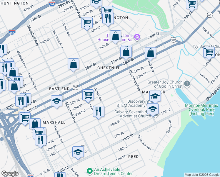 map of restaurants, bars, coffee shops, grocery stores, and more near 2313 Roanoke Avenue in Newport News