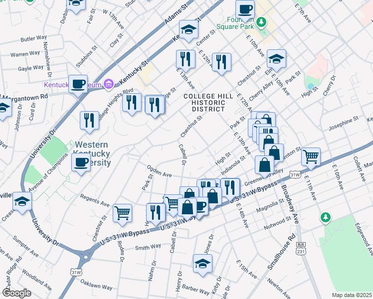 map of restaurants, bars, coffee shops, grocery stores, and more near 1436 Chestnut Street in Bowling Green