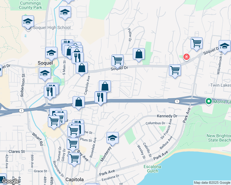 map of restaurants, bars, coffee shops, grocery stores, and more near 2529 Orchard Street in Soquel