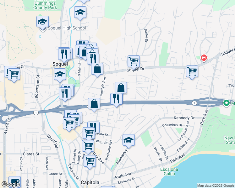 map of restaurants, bars, coffee shops, grocery stores, and more near 2605 Rosedale Avenue in Soquel
