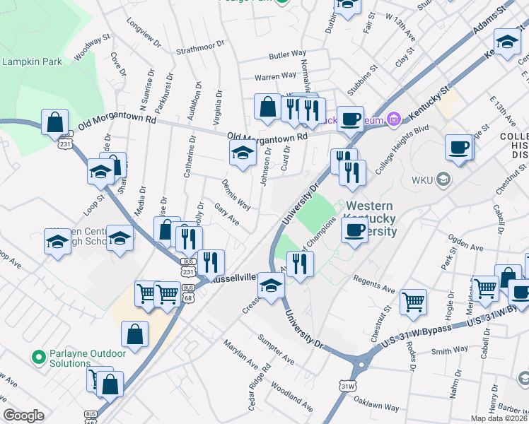 map of restaurants, bars, coffee shops, grocery stores, and more near 1657-1671 Johnson Drive in Bowling Green