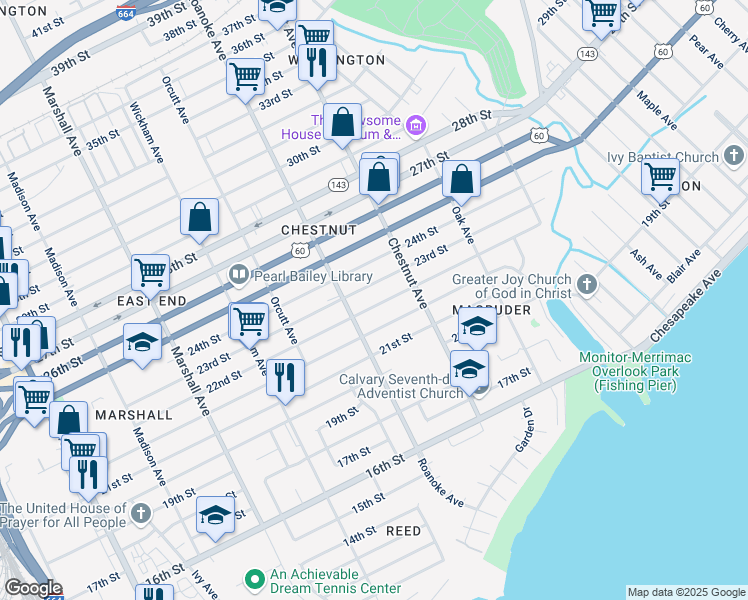 map of restaurants, bars, coffee shops, grocery stores, and more near 1129 23rd Street in Newport News