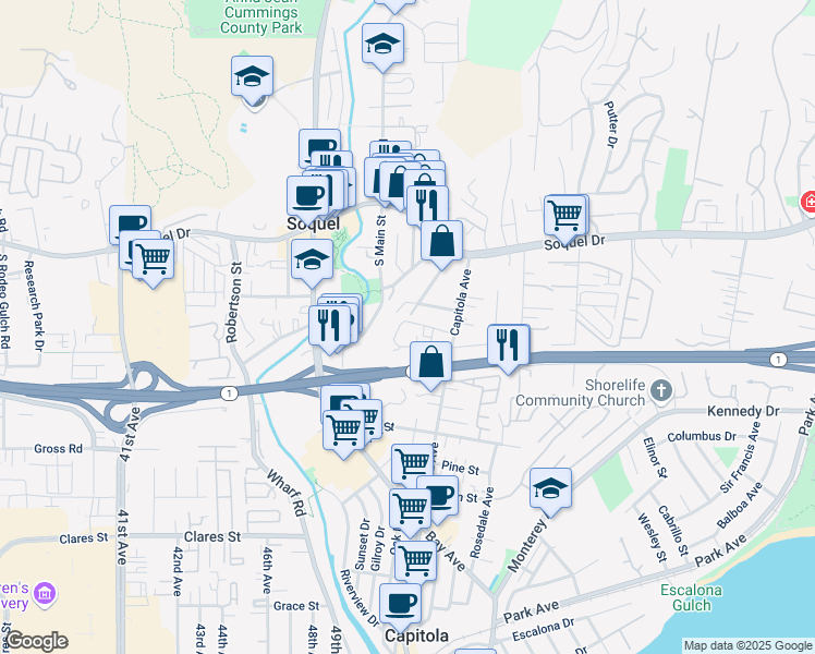 map of restaurants, bars, coffee shops, grocery stores, and more near 5006 Bellevue Street in Soquel