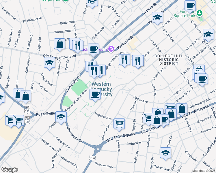 map of restaurants, bars, coffee shops, grocery stores, and more near 1575 Normal Street in Bowling Green